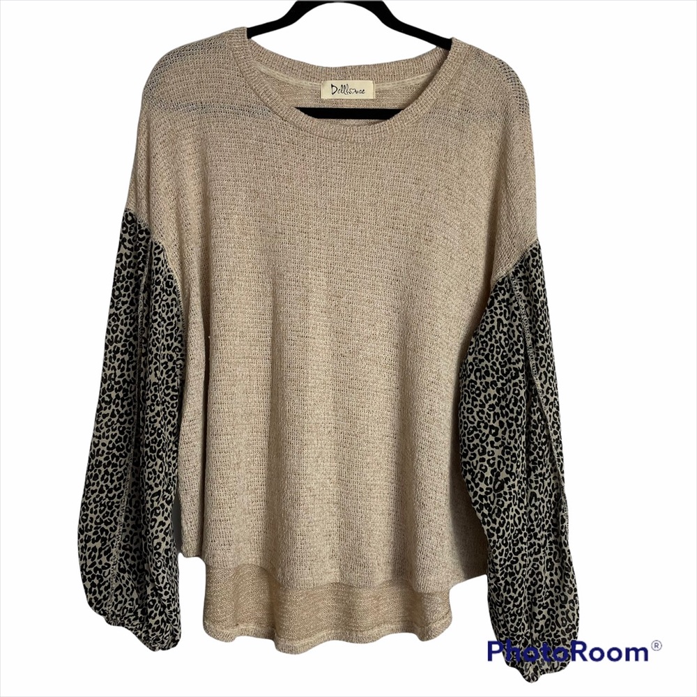 Dollhouse Beige Sweater with Leopard Print Sleeves